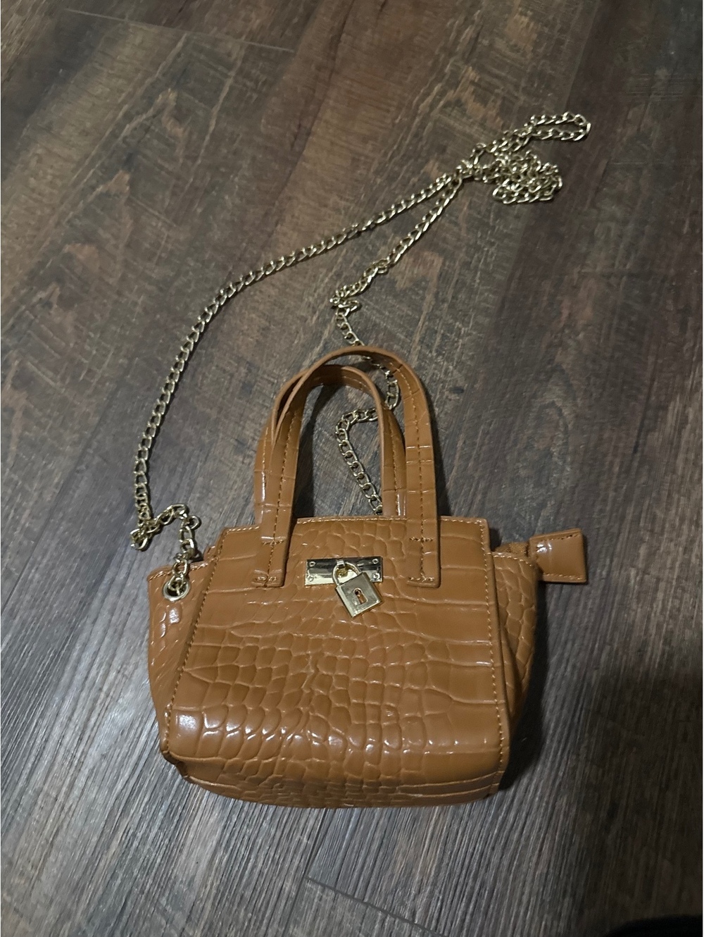 Brown faux Croc-Embossed Mini Handbag with Gold Chain Strap and Lock Detail
